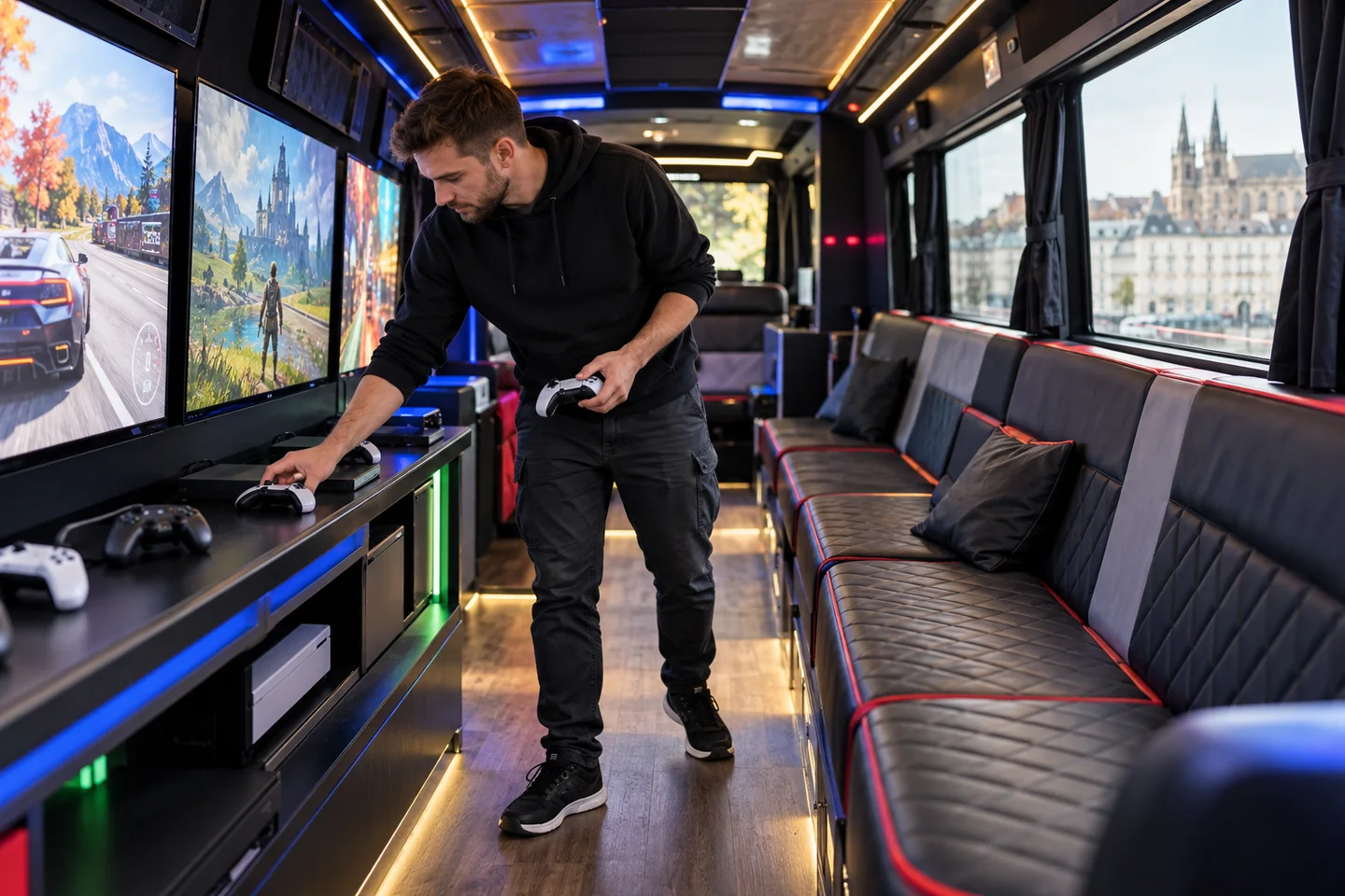 Verificação de equipamento no autocarro de jogos