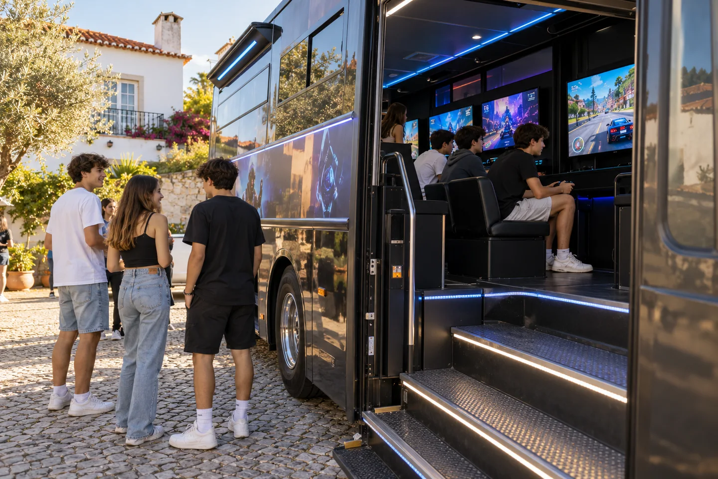 Entrada de um autocarro convertido para jogos